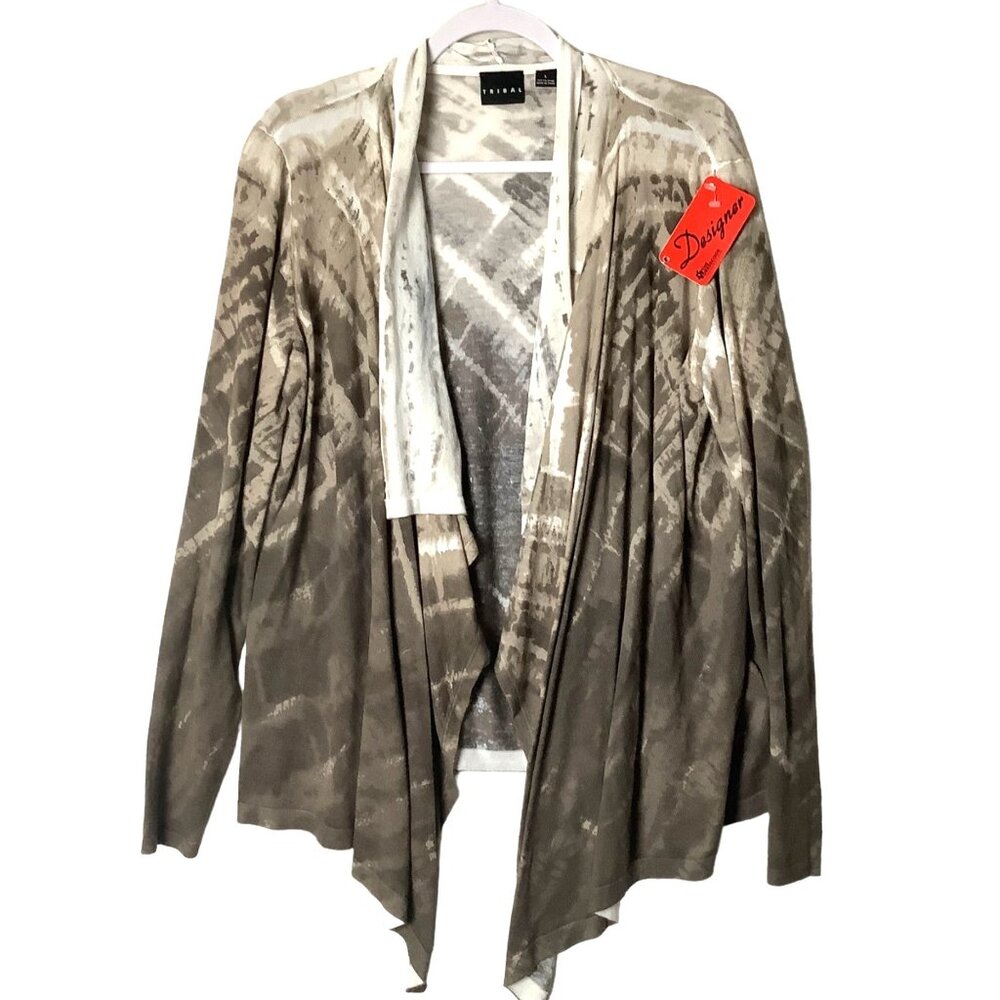Tribal Nordstrom Open Front Waterfall Cardigan Women Large Tan Cream‎ Boho Artsy